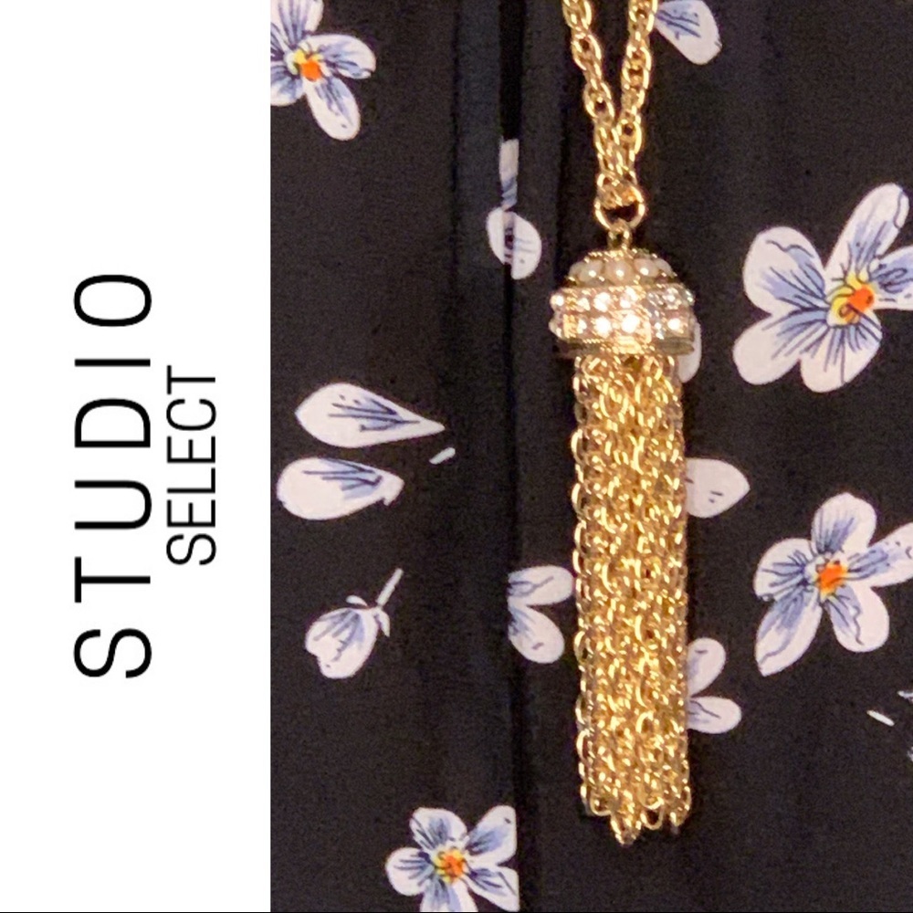 Gold-tone Tassel Necklace with Crystal Beads NWT